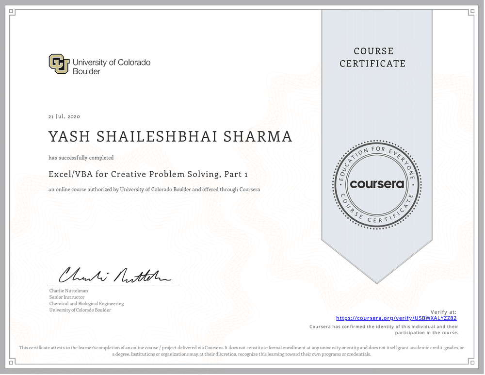 Excel/VBA for Creative Problem Solving, Part 1 certificate