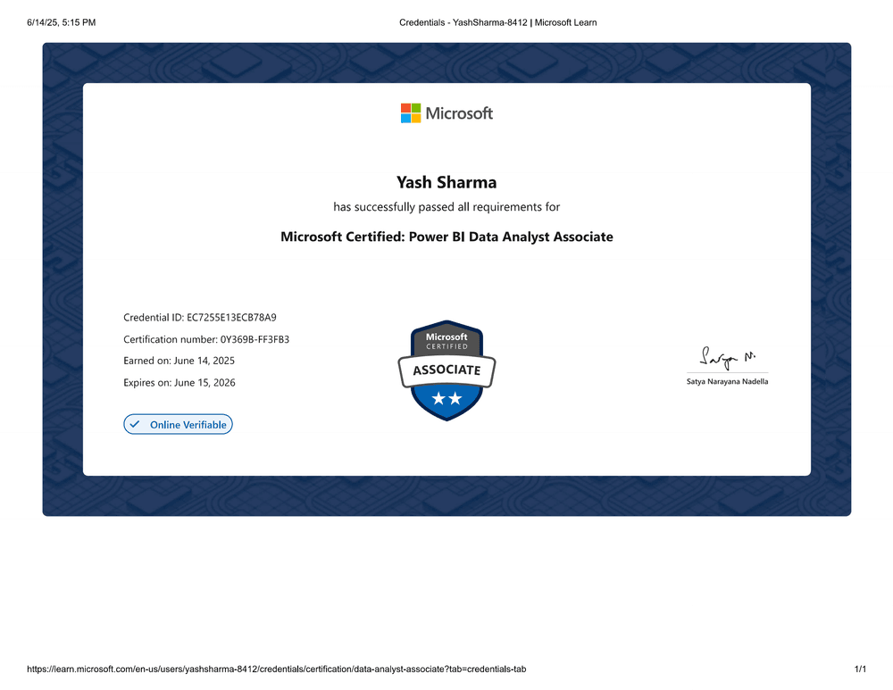 Microsoft Certified: Power BI Data Analyst Associate certificate